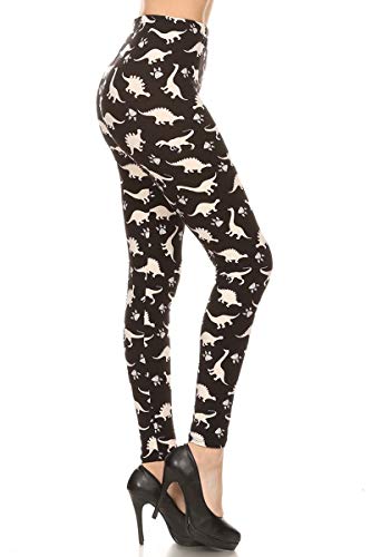 Leggings Depot High Waisted Checkered & Animal Print Leggings for Women-Full Length-S767, Dinosaur World, One Size