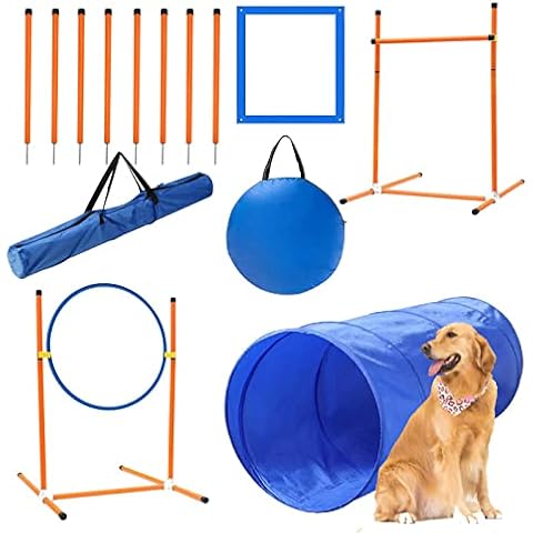 PLKO Dog Agility Equipment Set, Training Starter Kit Dog Obstacle Course, with Tunnel, 8 Weave Poles, Adjustable Hurdle, Jump Ring, Pause Box and Carrying Bag Cover