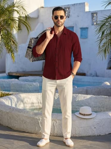 Image of DEELMO Men's Casual Button Down Shirts Long Sleeve Linen Shirt Fashion Textured Beach Summer Shirt