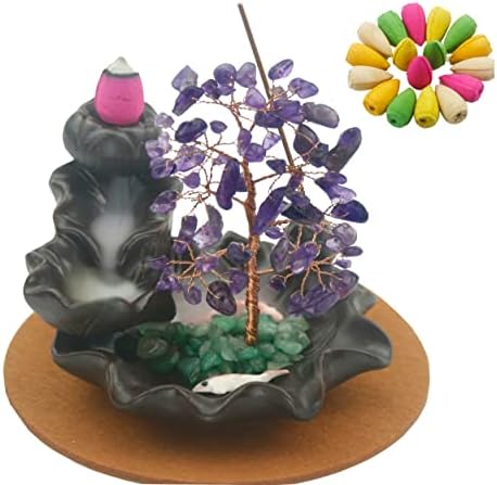 Ceramic Waterfall Incense Burner, Money Tree Backflow Incense Holder Healing Crystal Stone, with 30 Backflow Incense Cones + 30 Incense Stick for Yoga Meditation Home Zen Decoration(Amethyst)