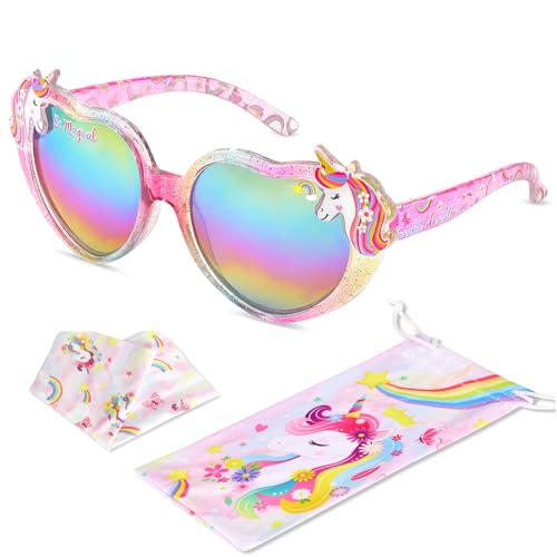 Kids Sunglasses Girls,UV Protection Unicorn Heart Toddler Sunglasses with Glasses Pouch for Childrens Beach Party