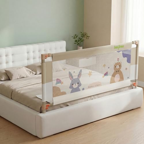 Image of BAYBEE Baby Bed Rail Guard (150x80cm), Bedrail for Baby Safety with 28 Height Adjustable, Portable Bed Side Protector for Babies Falling | Foldable Single Side Bed Railing, 1 Side, (White /Beige)