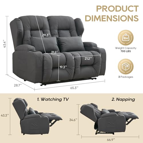 Image of IPKIG 54.2 inch RV Loveseat Recliner Sofa, Leathaire Fabric Wall Hugger Reclining Chair with Cup Holder and Side Pockets, Home Theater Seating Manual Recliner for Living Room (Grey, Loveseat)