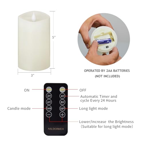 Image of 3 inch x 5 inch Flameless Candles Set of 1, 2AA Battery Life 600 Hours Battery Candles Flickering with Timer, 5 inch Flameless Candles with Remote for Indoor /Outdoor, White
