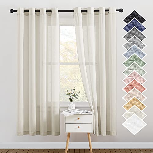 NICETOWN Linen Flax Semi Sheer Curtains 72" Length, Grommet Top Bedroom Window Treatments Privacy with Light Filtering Vertical Drapes for Loft/Bedroom, Natural, W52 x L72, 2 Panels