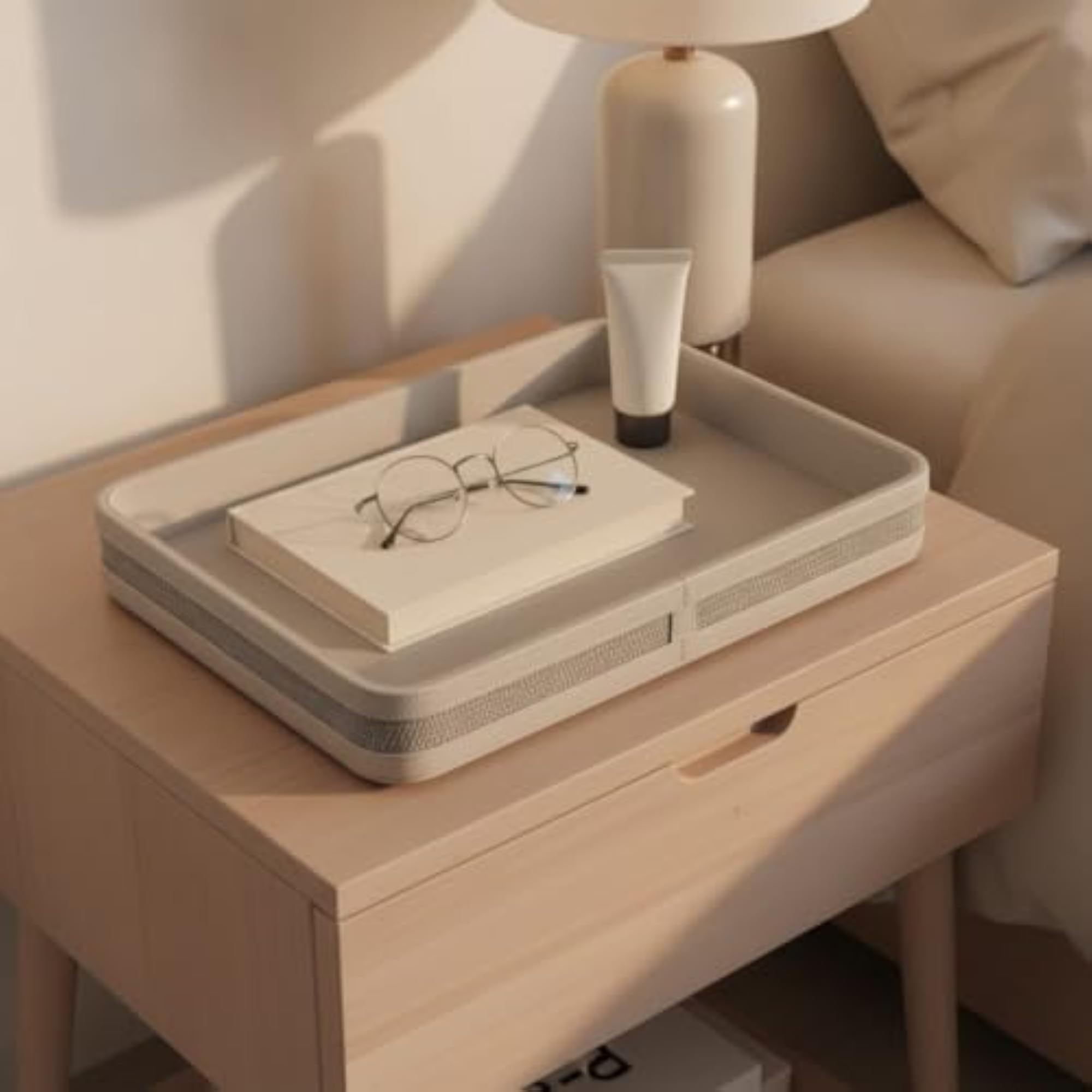 Leather-Look Rectangular Tray, Woven-Texture Organizer in Beige