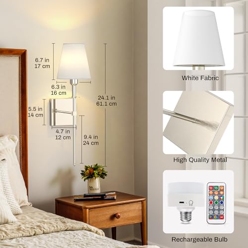 Image of DORESshop Battery Operated Wall Sconce Set of 2, Nickel Rechargeable Wall Lights, Sconce Wall Decor Set of 2, 7 Colors Mode Wireless Sconces for Bedroom Living Room Hallway