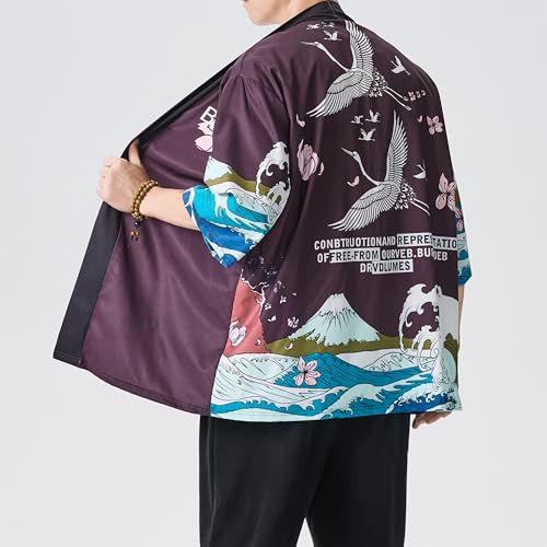 Image of PRIJOUHE Men's Lightweight Kimono Jacket Seven Sleeve Open Front Cardigan Coat Japanese Style Bathrobe