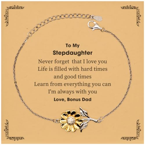 Stepdaughter Sunflower Bracelet Inspirational Gifts from Dad, Birthday Graduation Christmas for Stepdaughter Life is filled with hard times and good times. Learn from everything you can. Love,