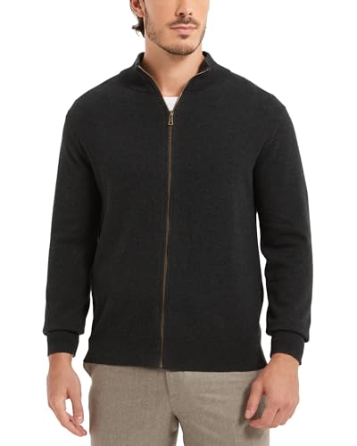 Kallspin Men's Full Zip Cardigan Sweater Casual Pure Cotton Knitted Cardigan with Stand Collar, Charcoal, XXL