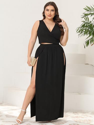 SILUI Women's Sexy 2 Piece Maxi Skirt Set Crop Top Double High Slit Vacation Festival Summer Outfits3