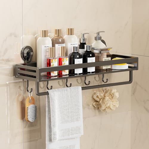 CIBOTIES Suction Cup Shower Caddy, 11.8 inch Extended Version, with 5 Hooks & Towel Rrack, No...