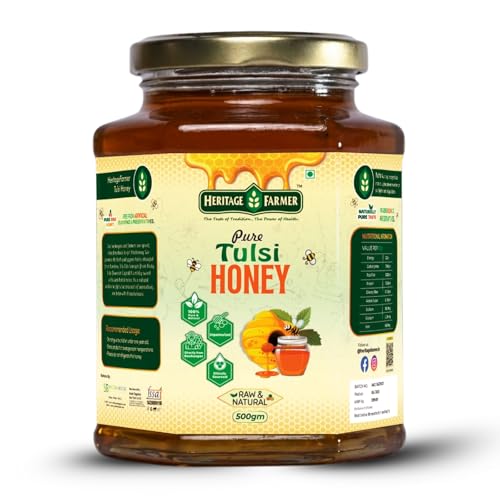 Image of Heritage Farmer Pure Tulsi Honey 500g | Raw & Natural Honey | No Added Sugar | 100% Pure Honey | Holy Basil Tulsi Sourced | Unprocessed Premium Honey | Rich Aroma | Perfect Natural Sweetener for Daily Use