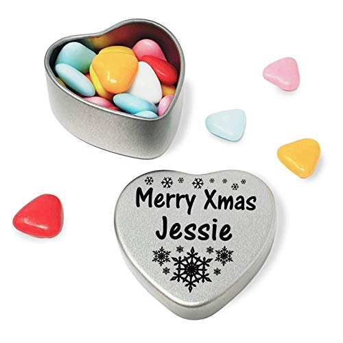 Gift In Can Merry Xmas Jessie Heart Shaped Mini Tin Gift filled with mini coloured chocolates perfect christmas card alternative for Jessie Fun Festive Snowflakes Design