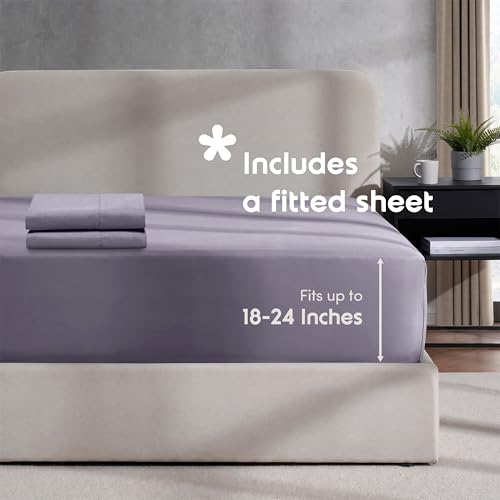Image of Hearth & Harbor Grayish Purple Duvet Cover with Fitted Sheet Twin Size | 3 Piece Soft Double Brushed Bedding Set, Button Closure, 1 Duvet Cover 68x90 Inches, 1 Fitted Sheet, 1 Pillow Sham
