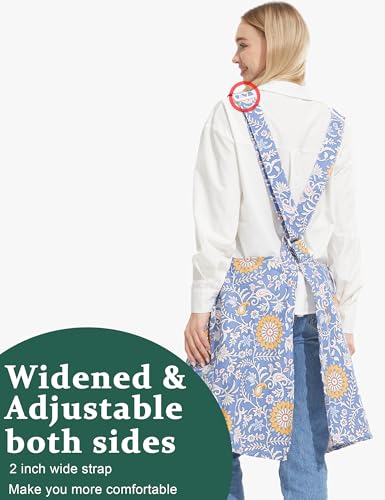 Image of Cozy Adjustable Cross Back Aprons for Women with Pockets Cotton Linen Cooking Kitchen Baking