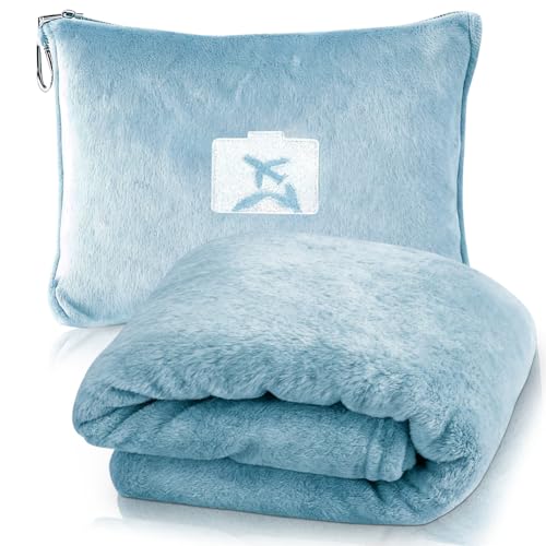 MIUUIPI Couverture de Voyage Douce et Chaude pour Avion et Voiture, 2 en 1 Couverture et Oreiller de Voyage Doux et Chaud, avec Bagages et Clip, Housse de Coussin Compacte pour Avion, Voiture, Bureau