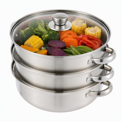 Vaporizador de 3 capas de 28 cm, vaporera apilable con tapa de cristal para el hogar, olla de cocina al vapor de acero inoxidable para gas, eléctrico, inducción