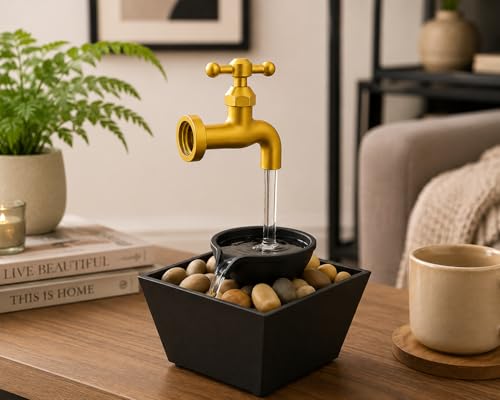 Image of Floating LED Water Tap Fountain - Magic Illusion Tabletop Waterfall with Flowing LED Light & Decorative Stones | Indoor Home Decor for Bedroom, Office, Living Room | Relaxing Gift Idea