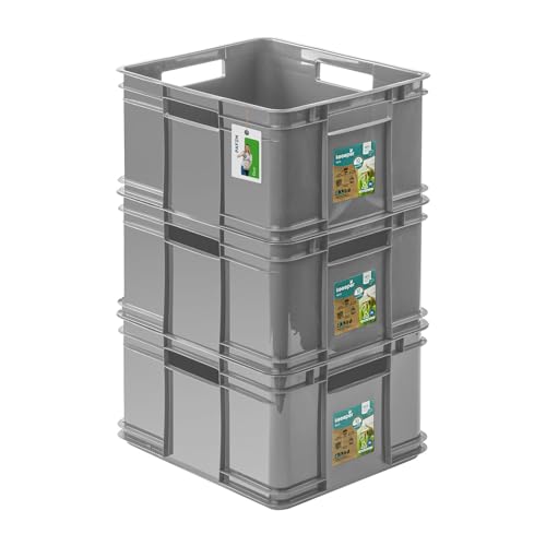 PAFEN 3x Euro Stapelbox 28l - 43 x 35 x 24 cm - Eco Aufbewahrungsbehälter Euro-box Stapelkasten Transport Eurobehälter aus PP, Stone Grey
