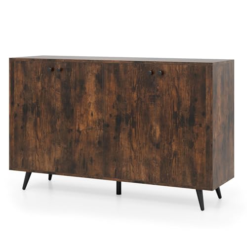TANGZON Storage Cabinet, 4 Door Buffet Sideboard with Adjustable Shelves, 5 Legs & Anti-tipping Kits, Freestanding Kitchen Cupboard Organiser for Dining Living Room Hallway (Rustic Brown)