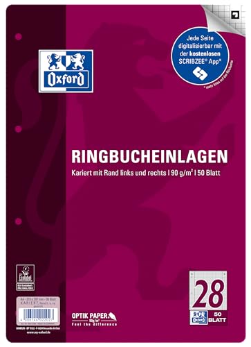 Oxford Ringbucheinlagen A4 kariert mit Doppelrand, Lineatur 28, 50 Blatt