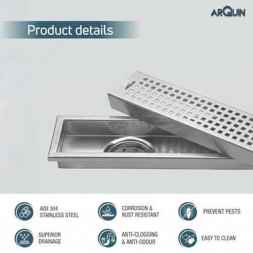 Image of ARQUIN Shower Drain Channel 24x4 Inch Floor Drainer 304 Grade Stainless Steel Bathroom Floor Drainer Water Drain Jali Channel for Bathroom with Cockroach Trap (1mm Thickness)