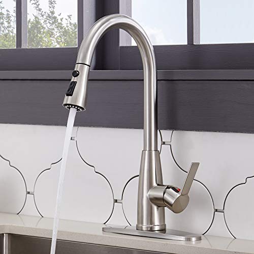 Hotis Single Handle Stainless Steel Prep Sprayer Pull Out Pull Down Sprayer Kitchen Sink Faucet, Brushed Nickel with Deck Plate - Thumbnail 4