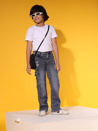 Image of Sky Heights Boy's Solid Cargo Jeans Mid Rise Regular Fit