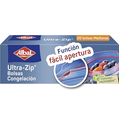 Albal Bolsas Congelación Ultra Zip 1 Litro, Fabricadas con 70% de Materiales Reciclados, Muy Resistentes, Reutilizables, Reciclables, Cierre Ultra-Zip Hermético, 20 Bolsas Medianas. Libres de BPA