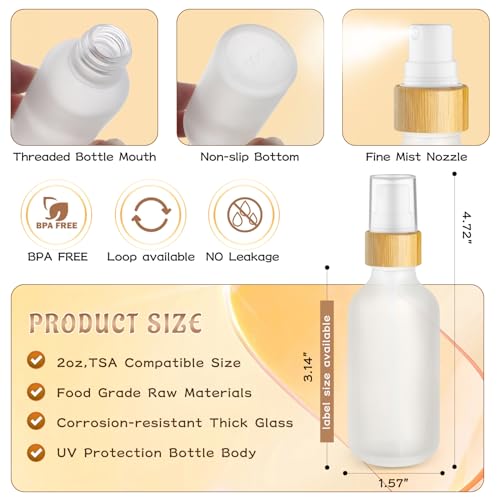 12 Pack 2 oz Glass Spray Bottles,Empty Perfume Fine Mist Atomizer,Natural Bamboo Pump Head Travel Liquid Holder Containers for Cologne,Essential Oils,Body Sprays,Room Sprays-Clear Frosted2