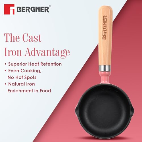 Image of BERGNER Excalibur Lightweight Cast Iron Tadka Pan with Lid 12cm, Non-Stick Vaghar Pan, PFAS Free, Perfect Heat Distribution, Elegant Design, Silicone Grips - Induction and Gas Stove Ready (Pink)