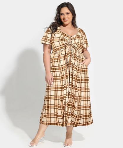 Image of CARCOS Plus Size Dresses for Curvy Women Tie Sweetheart Neck Summer Maxi Dress Short Sleeve Empire Waist Floral Boho Dress