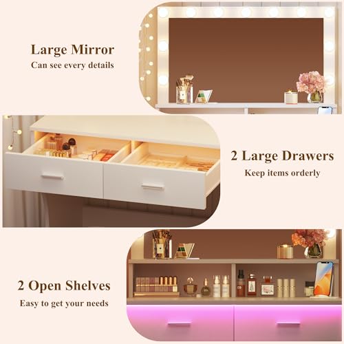 Image of Small Vanity Desk with Mirror and Lights, White Makeup Vanity with Chair, RGB Vanity Table Set with 2 Drawers & Power Outlets & LED Strip, 3 Color Modes & Adjustable Brightness for Women Girls Bedroom