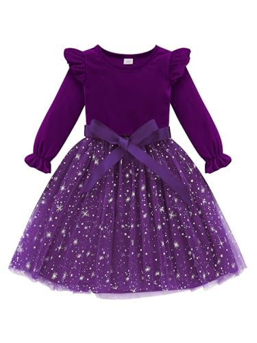 Patgoal Toddler Girls Tutu Dresses Velvet Tulle Dress with Sequin Long Sleeve Holiday Party Fall Winter Dress 2-7Y