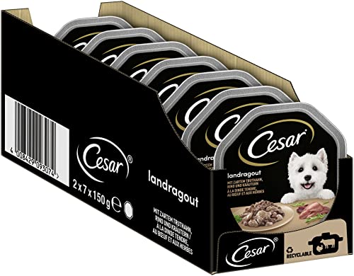 Cesar Adult Nat hondenvoer Landragout met malse kalkoen, rundvlees en kruiden, 14 kommen, 14x150g - Premium nat hondenvoer, zonder toegevoegde suikers, kunstmatige smaak- of kleurstoffen