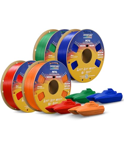 Image of OVERTURE PETG Filament 1.75mm Bundle 4kg, High Speed 3D Printer Filament, Neatly Wound & Clog-Free, 4 Pack 1kg(2.2lbs), Accuracy + /- 0.02mm, Fit Most FDM Printers (Red+Orange+Green+Blue)