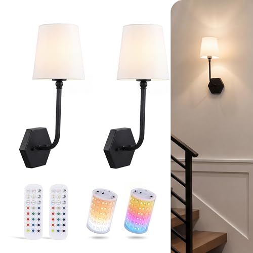 Image of CLOUDY BAY 10000mAh Battery Operated Wall Sconces,Up to 100 Hours with Rechargeable RGB Dimmable Magnetic Bulb,Cordless Wall Lighting Fixtures with Remote for Bedroom,Black,2 Pack-17.9in