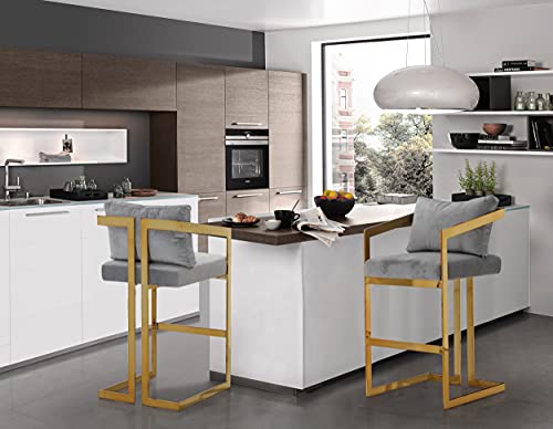 Iconic Home Layla Bar Stool Chair Velvet Upholstered Slope Arm Design Architectural Goldtone Solid Metal Frame Modern Contemporary, Grey #TOP4
