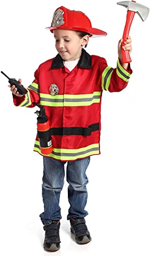 DRESS 2 PLAY Firefighter Costume for Kids - Fireman Toddler Dress Up Set for Pretend Play, Halloween or Birthday Party - Red Fire Fighter Uniform with Accessories for Boys and Girls - For 3-7 Years Old