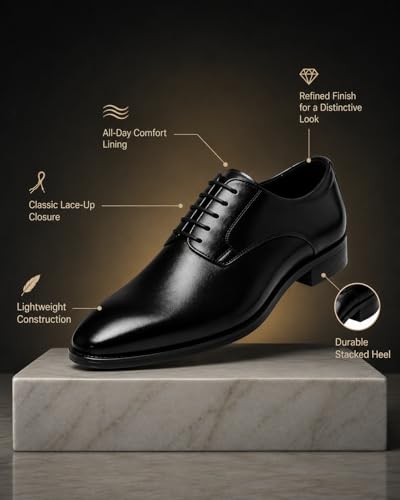Image of Men's Premium Glossy Oxford Dress Shoes, Black, Lace-Up, Cushioned Comfort, TPR Sole, Classic Luxury Derby Style, for Wedding, Office, Business, Party