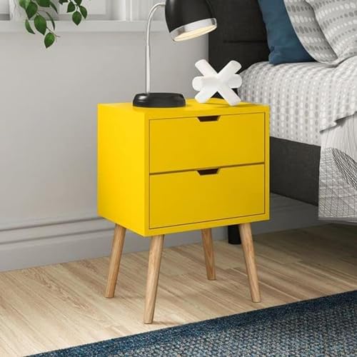 Image of VASIL MART Bedside Tables, Wooden Nightstands with Solid Wood Legs & 2 Drawers, End Tables Storage Units for Living Room /Bedroom,etc .(Yellow)