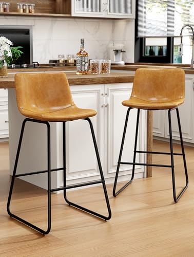 Image of REONEY Bar Stools Set of 2, 26 inch Faux Leather Counter Height Stools, Brown