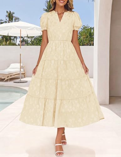 Image of ZESICA Womens Summer Floral Flowy Midi Dress 2026 Puff Short Sleeve V Neck Ruffle Tiered Beach Vacation Party Dresses