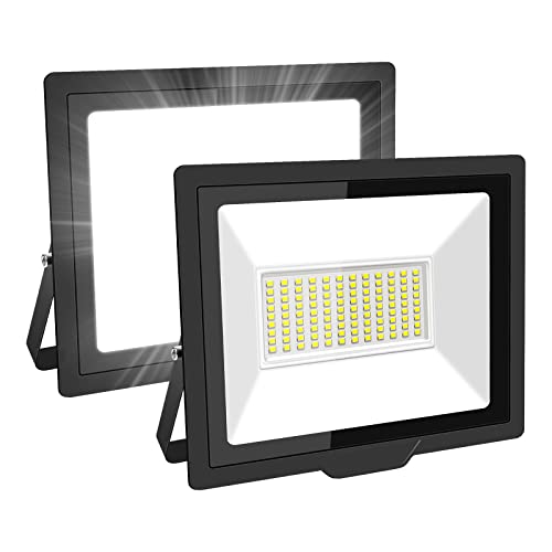 SKYWORLD Paquete de 2 luces de inundación LED para exteriores de 75 W, 7500 lm, luz diurna, luz de seguridad blanca fría, reflector de 5000 K, para jardín, patio, parque infantil,estadio, paquete de 2