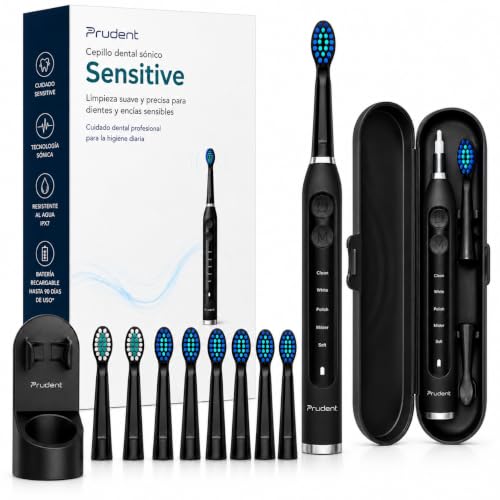 PRUDENT® | Cepillo de Dientes Eléctrico PREMIUM con 8 Cabezales, Estuche de Viaje y Soporte de Pared EXTRA | Cepillo Vibratorio 5 Modos Impermeable IPX7 | Electric Toothbrush, Escova Dentes Electrica