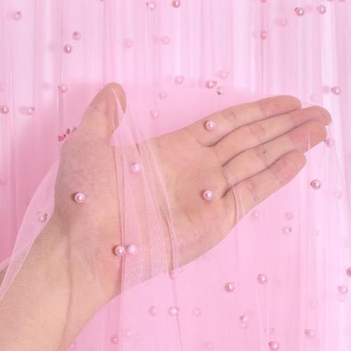 Miegecha Pearl Tulle 10FT Extra-Wide Tulle with Pearls, 60 x 120 Inches Soft Sheer Fabric in Multiple Colors for Wedding Arch, Party, Baby Shower, Birthday, Veil, Dress and Home Decor (Pink)