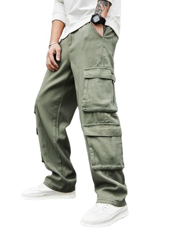 Image of Men's 8 Pocket Cargo Pants | Premium Cotton Twill Baggy Fit Trousers | Stretchable Casual Streetwear Cargos | Mid Rise