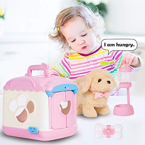 ZhanXiang Plush Electronic Toy Dog, Voice-Activated Carrier Dog House Care Pet Play Set. Walking, Barking, pet Toy Puppies and Accessories, for 3-6 Boys/Girls (Elina-Pink)