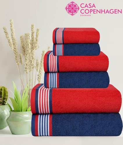 Image of Casa Copenhagen, Germany Design - He & She Super Soft Collection 100% Cotton 6 Piece Towel Set, Includes 2 Bath Towels 2 Hand Towels 2 Washcloths - American Blue & American Red
